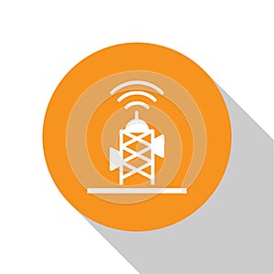 White Wireless antenna icon isolated on white background. Technology and network signal radio antenna. Orange circle