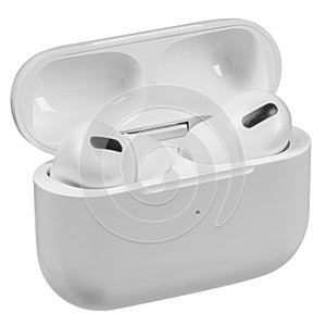 White wireless bluetooth headphones and charging box