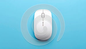 Overhead view of a white wireless computer mouse with scroll wheel on a blue background