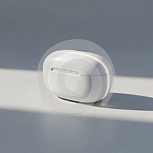 White wireless earbuds case on a reflective surface