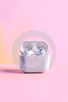 Sleek white wireless earbuds in charging case on soft pink background, modern tech accessory