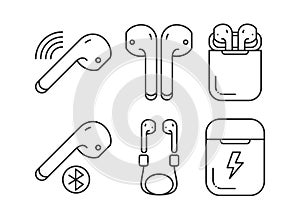 White wireless earphones or headphones and white box for storage and charging simple line icons set. Headset signs. Pictograms for