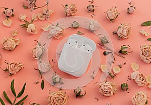 White wireless headphones in the case on playful pink background with delicate dry roses flowers