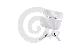 White wireless headphones. White isolated background