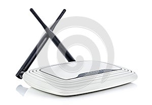 White wireless wi-fi router with folded antennas isolated on white background