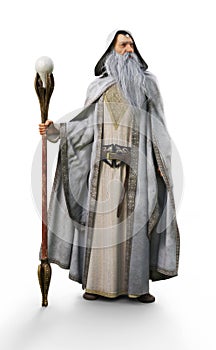 A white wizard with staff posing on an isolated white background .