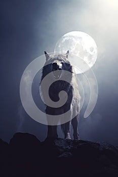 White wolf back lit by a bright full moon. smokey foggy background. barking