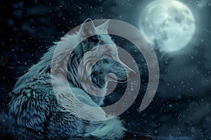 White wolf on the background of the moon in the night forest