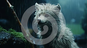 The White Wolf Dog: Cinematic Stills Of A Magical Creature In The Rain photo