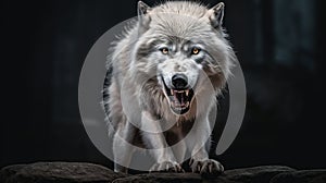 Angry Arctic Wolf Running In Dark Forest photo