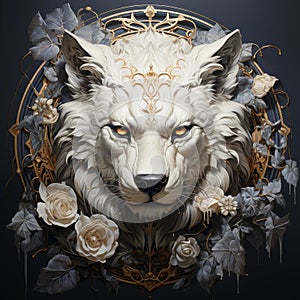 White Wolf Head Portrait. Ornate Famtasy Wild Lace beautiful Savage Animal Decoration Illuustration