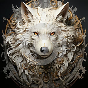 White Wolf Head Portrait. Ornate Famtasy Wild Lace beautiful Savage Animal Decoration Illuustration