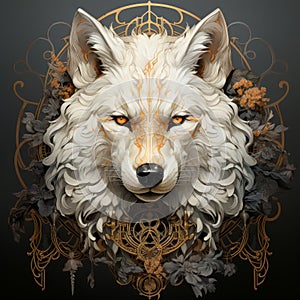 White Wolf Head Portrait. Ornate Famtasy Wild Lace beautiful Savage Animal Decoration Illuustration