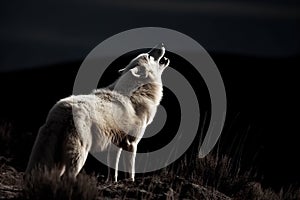 A white wolf howls at the moon in the night.