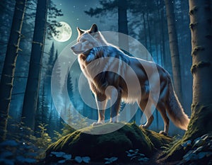 The white wolf in the night forest