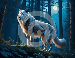 The white wolf in the night forest