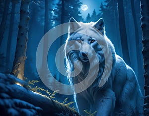 The white wolf in the night forest