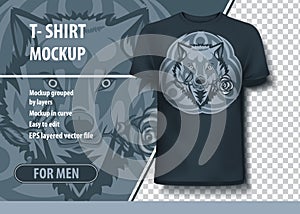 White wolf with a rose in mouth and with Tribal sign behind. T-Shirt template