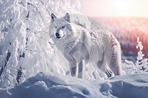 White wolf in the snowy forest