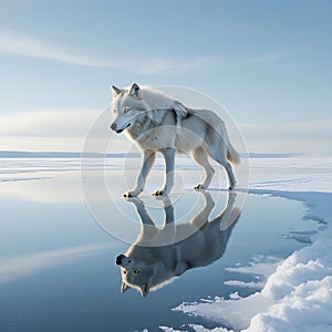 White wolf standing on reflective ice with its reflection arctic