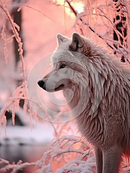A white wolf stands in the snow at sunset, AI