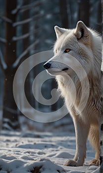 A white wolf was standing under the tree