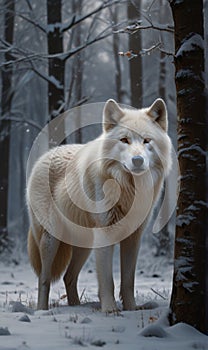 A white wolf was standing under the tree