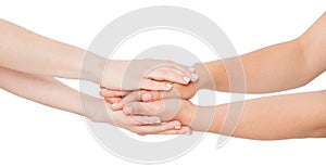 White woman hands comforting her close friend isolated on white background