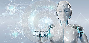 White woman humanoid using digital globe hud interface 3D render