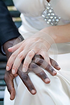 White woman's hand on black man's hand - spouses