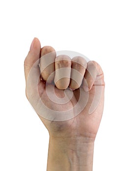 White woman`s left hand fist isolated on a white background