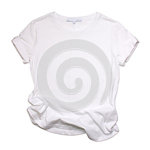 White woman`s short sleeves t-shirt, mock-up. Isolated on white background photo