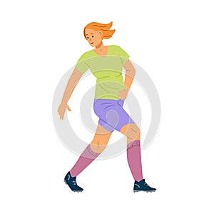 White woman in soccer uniform, training shorts and knee high socks, run and look back. Flat vector illustration.