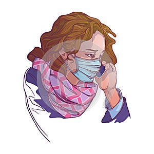 White woman wearing medical protection face mask and speaking on the phone. Painted sketch, isolated on a white