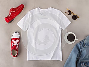 White women s cotton T-shirt mockup, layflat mockup with white t-shirt, red sneakers