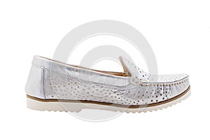 White women`s low-heeled shoes on a white background