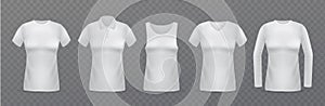 White women t-shirts. Realistic female clothes mockups, different types of blouses, collar options, long and short