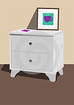 White wood bedside table. Nightstand illustration photo