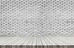 White wood floor, with white brick wall texture background