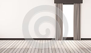 White wood floor with white wall and window with curtains, 3d rendered