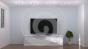 White wood modern TV cabinet in empty room interior background 3d illustration home designs,shelves and books on the desk in fron