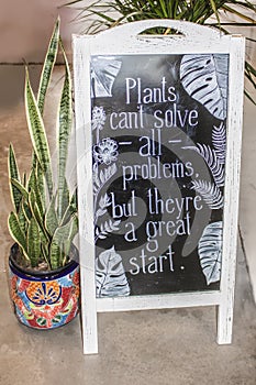 White wood standing sign surrounded by plants saying plants can`t solve all problems but they are a great start