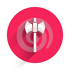 White Wooden axe icon isolated with long shadow. Lumberjack axe. Happy Halloween party. Red circle button. Vector