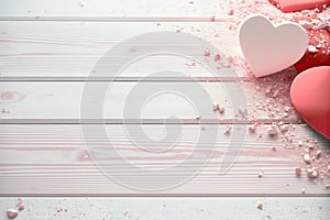 White wooden background with hearts. Valentines day banner design. Generative AI