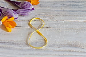 White wooden background for International Women's Day the eighth of March with purple flowers crocuses and the number 8