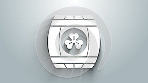 White Wooden barrel with four leaf clover icon isolated on grey background. Alcohol barrel, wooden keg for beer, whiskey