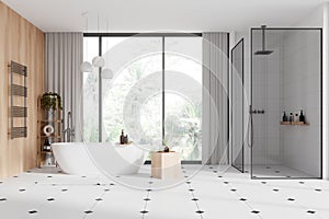 White and wooden bathroom interior with tub and shower