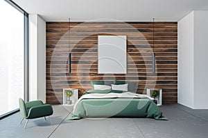 White and wooden bedroom interior with poster