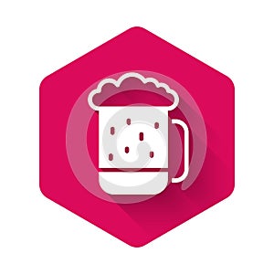 White Wooden beer mug icon isolated with long shadow background. Pink hexagon button. Vector