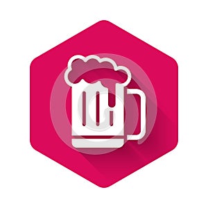 White Wooden beer mug icon isolated with long shadow background. Pink hexagon button. Vector